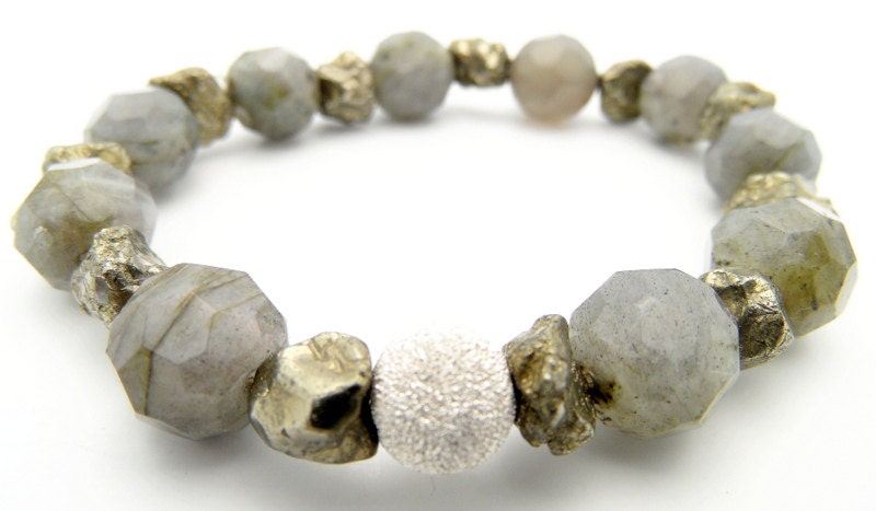 Sterling Silver Beaded Bracelet, Stone Stretch Bracelet, Pyrite, Labradorite Beaded Jewelry, Unisex Beaded Bracelet