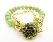 Green Beaded Charm Bracelet - Olive Swarovski Crystals with Gold Chain and Avocado Opal Stones