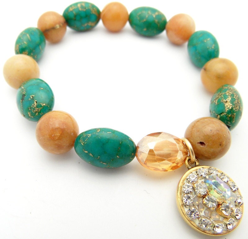 Blue Pyrite, Jasper Charm Bead Bracelet, Gold Quartz Swarovski Jewelry with D, Lapaix