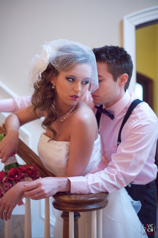 Birdcage Bandeau Style Veil with Double Layers of Russian Netting & Rhinestone Tulle