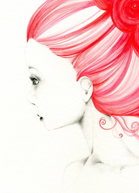 Art Painting Watercolor Original OOAK Watercolor Painting Pencil Drawing "Grace" red teamt