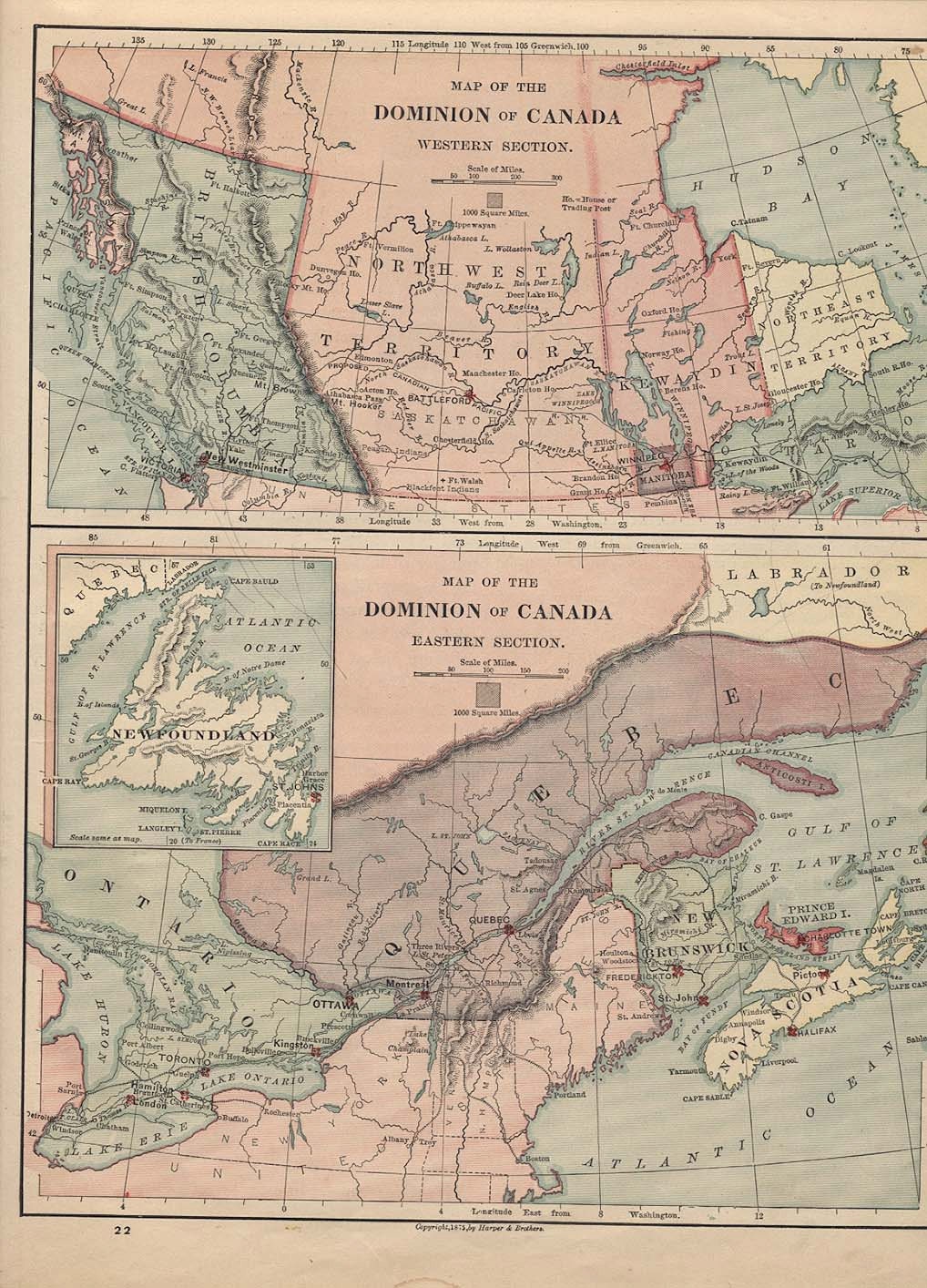 DOMINION of CANADA MAP 1883 Harper's School Geography Atlas Page Free Shipping