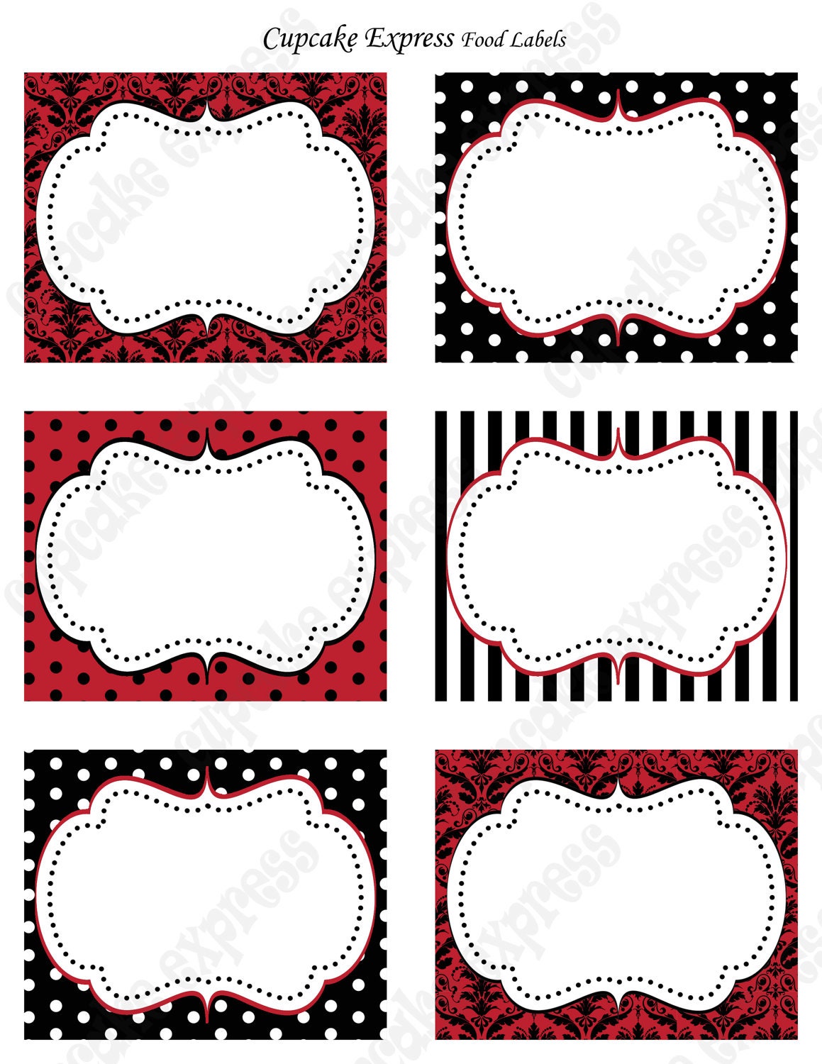 DIY Red and Black Victorian Damask Anniversary Printable Food Lables damask striped birthday wedding