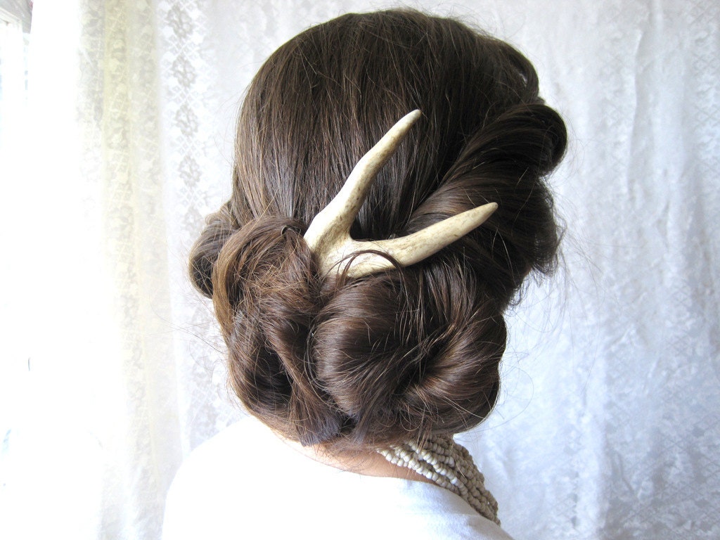 Hair Fork Comb Stick Deer Antler Unusual Carved Bone Horn Tribal Hair Piece Jewelry