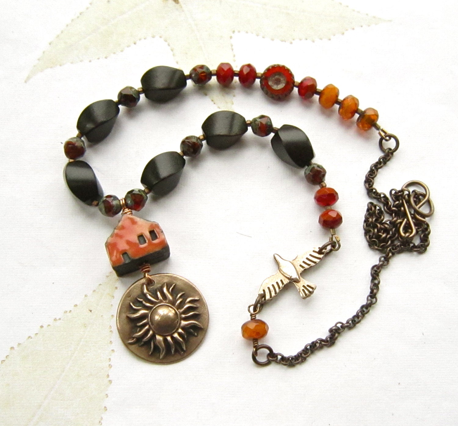 Beaded necklace, bronze pendant, ceramic beaded necklace, glass beaded necklace - House Of The Rising Sun