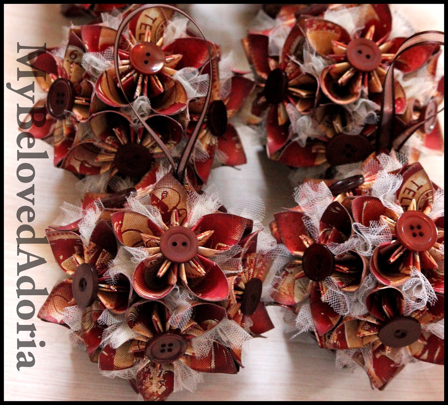 Set of 6 Kusudama origami flower balls in red and brown for decoration, wedding, birthday, parties, other special occasions