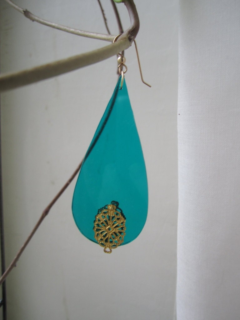 Statement Earrings in Vivid Teal Acrylic Glass with Golden Charm