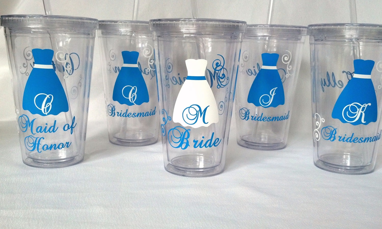 Bride and Bridesmaids Tumblers, 4 wedding party acrylic glasses with lid and straw, flower girl plastic cups, Bridesmaid gift