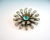 Sterling Rhinestone Pin Brooch Paste Sea Green Rhinestone Anemone Flower Unsigned Boucher 1940s