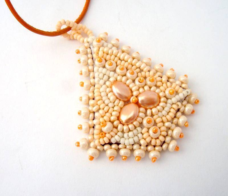 Bead jewelry, Bead embroidered pendant, seed bead pendant, beadwork necklace, beaded pendant, peach, pastel, spring