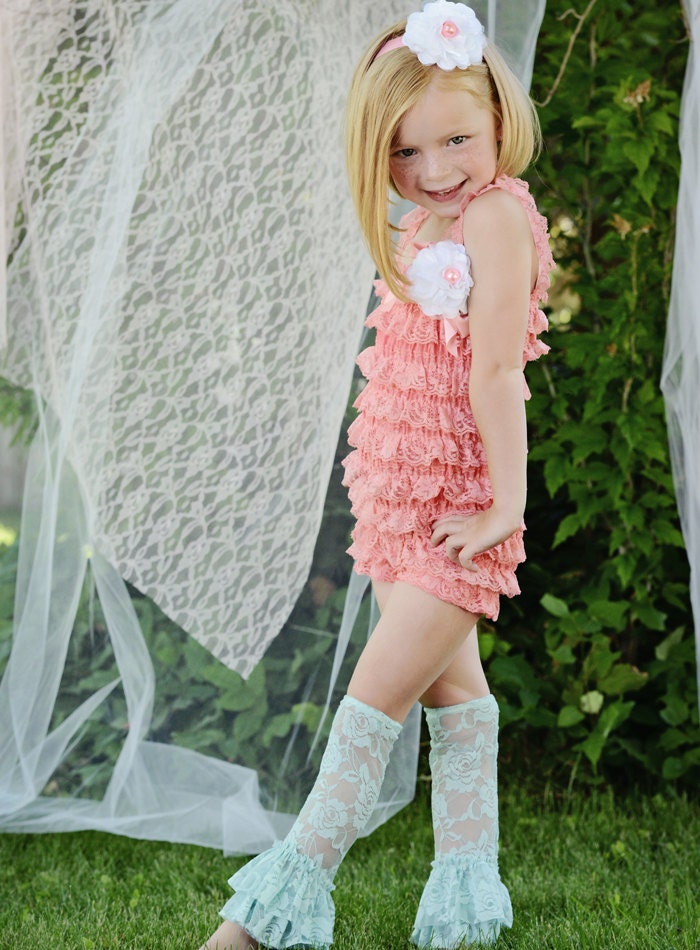 Lace Baby Romper Adorned with White and Pearl Flower, Coral