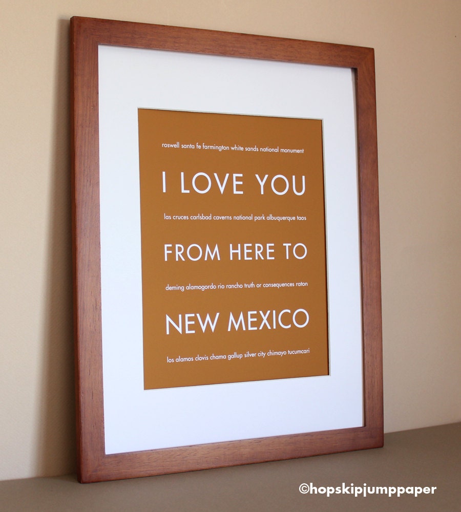 Fathers Day SALE New Mexico Art Print, I Love You From Here To NEW MEXICO Typography Poster, 8x10, Custom Color, Unframed
