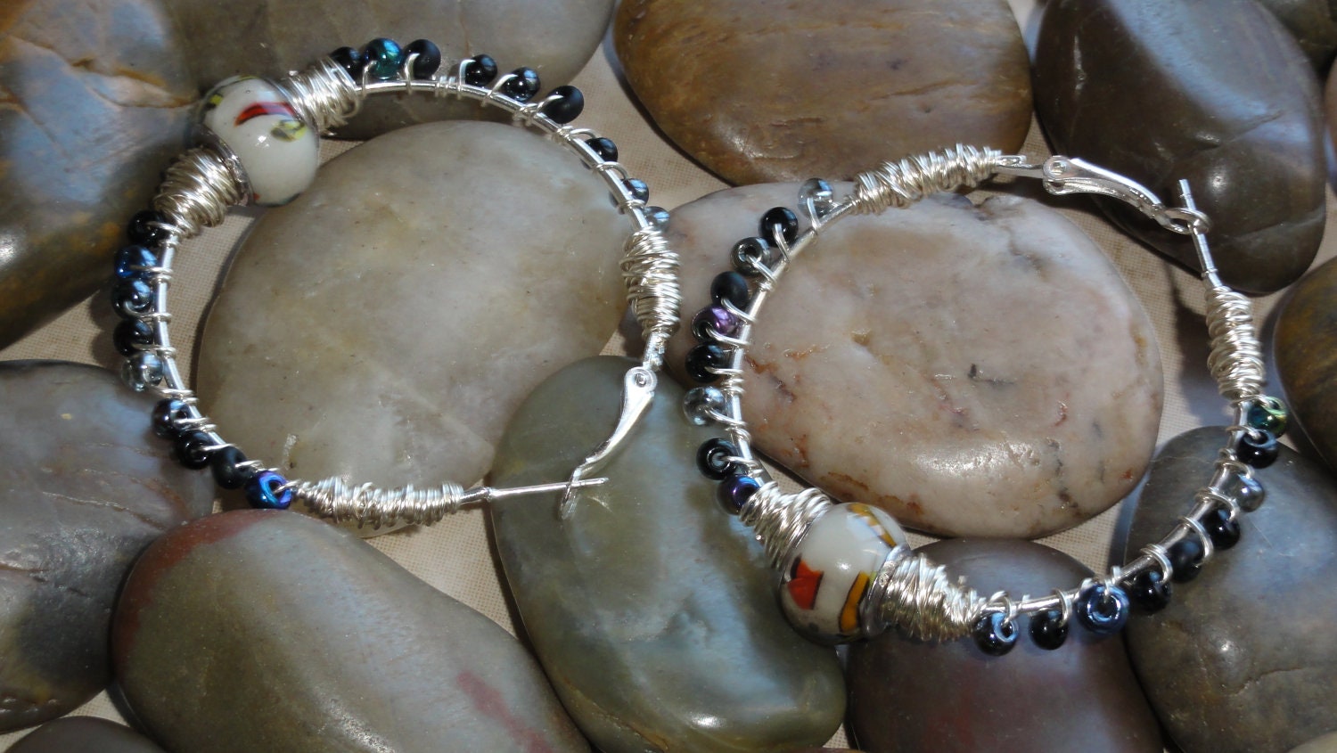 Earrings - Red Orange Yellow Blue Murano Glass Black Bead Wire Wrap Silver Hoop Earrings - Free Shipping