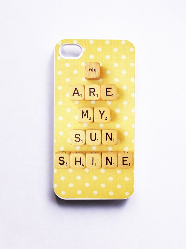 iPhone Case: You Are My Sunshine. Retro Scrabble Print. White Case. Sunny Yellow. Polka Dots. READY-TO-SHIP