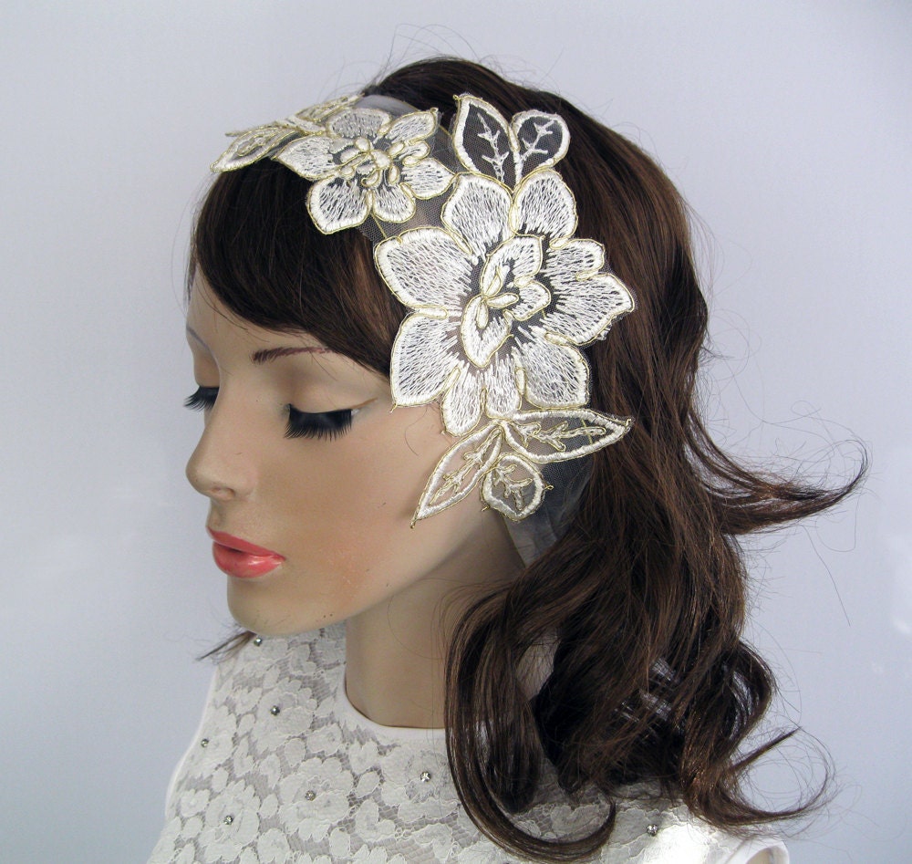 Lace Applique Bridal Ribbon Headband with Daffodil Flowers. Off White and Gold Color Fascinator. Handmade