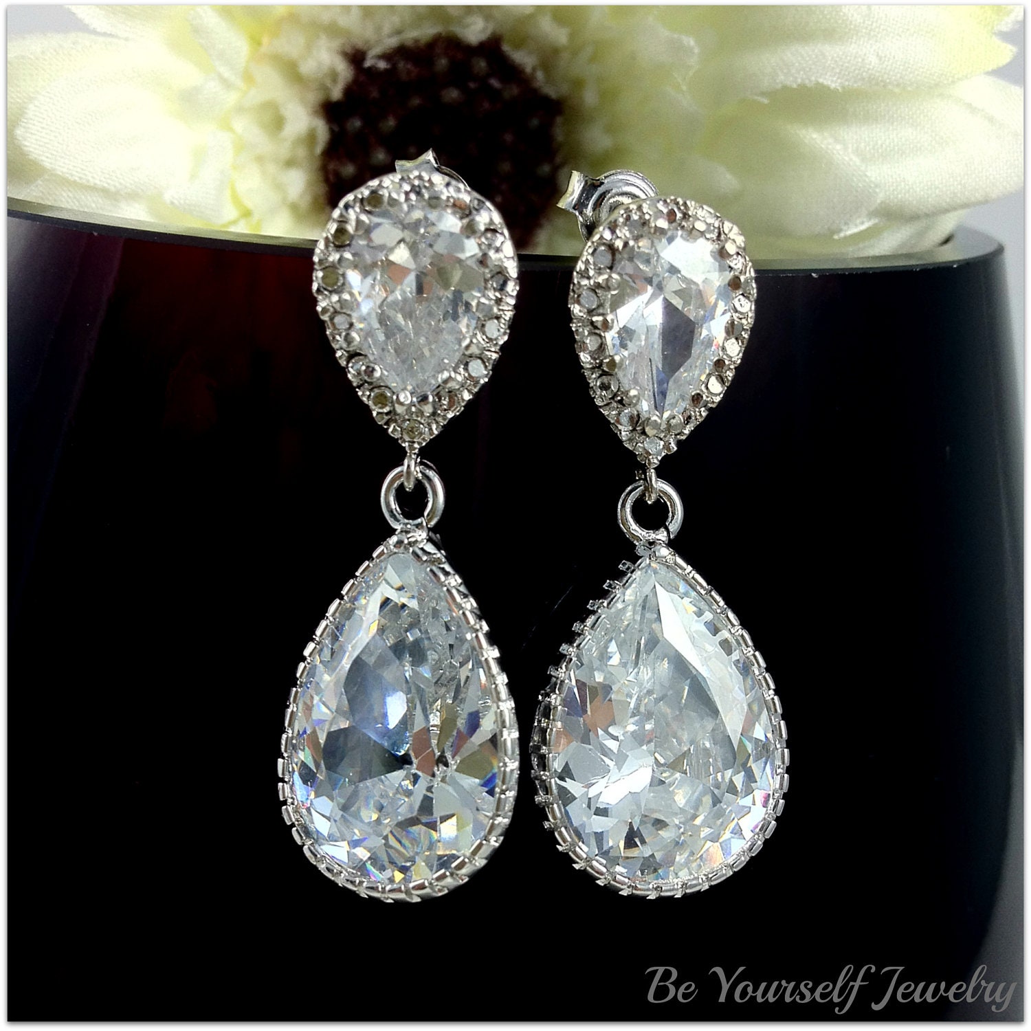 Bridal Earrings Cubic Zirconia Teardrops Dangle Earrings White Crystal Earrings Sterling Silver Ear Post Bridesmaid Gift Wedding Jewelry