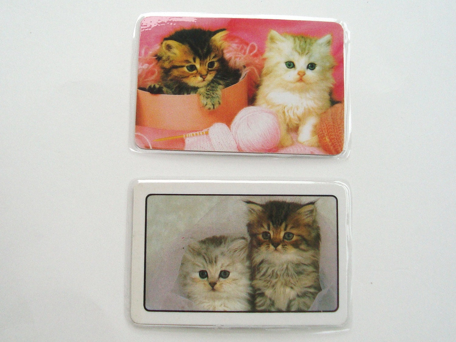 2  Kitten Cat Magnets  (White and Brown) Recycled Vintage Playing Cards