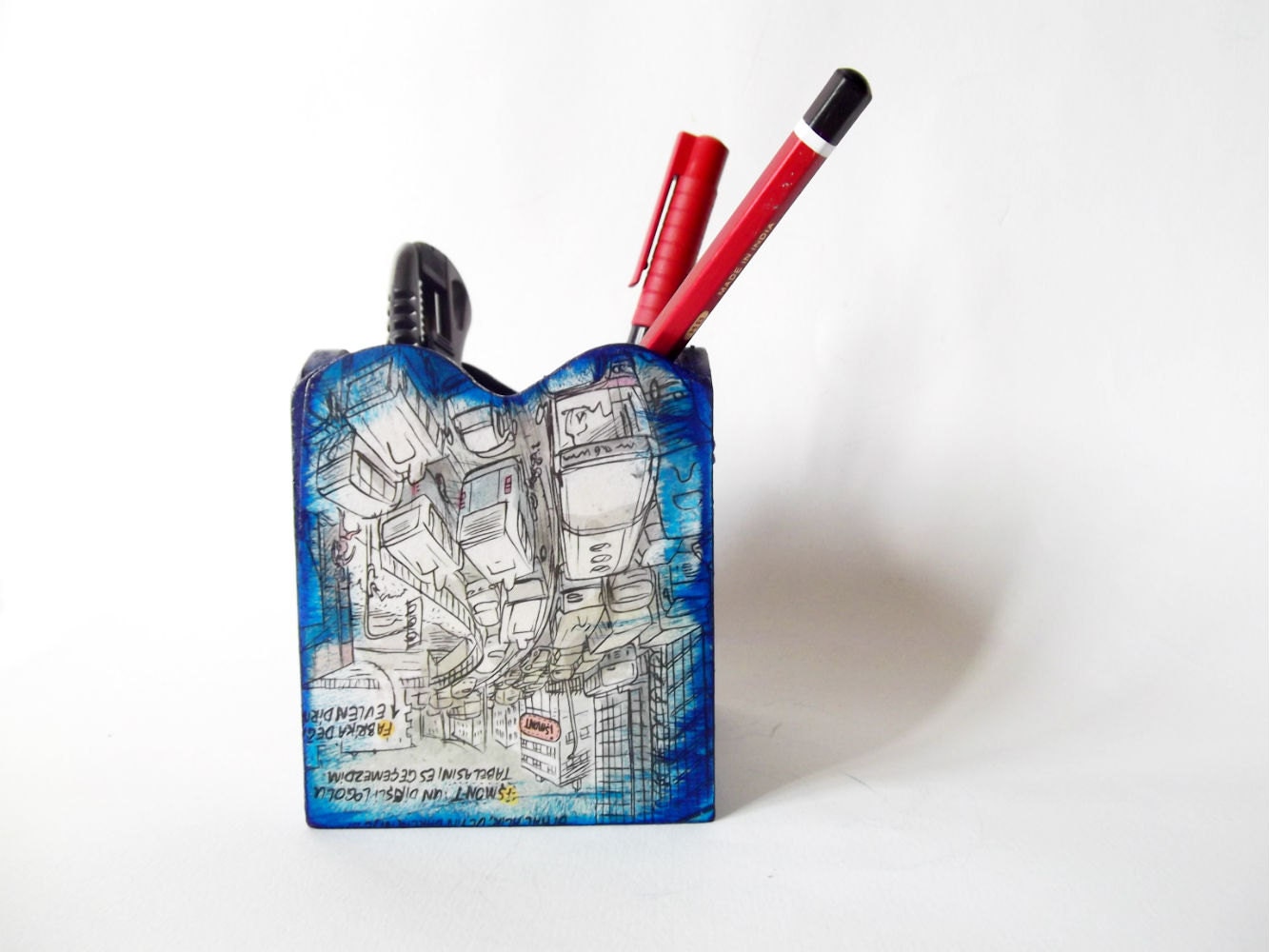 Urban pencil holder, geeky office decor, quirky comics book home decor, pencil case, pencil box, dorm, black