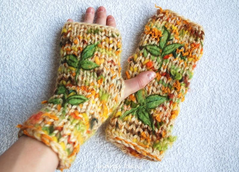 Spring hand knit  rustic fingerless gloves.