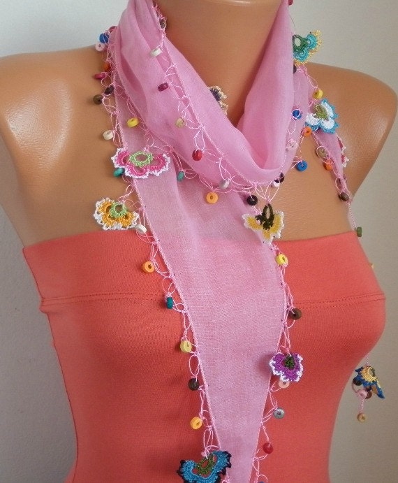 BIG SALE Summer Scarf Shawl - Cotton Weddings Scarves - Cowl with Lace Edge - Pink