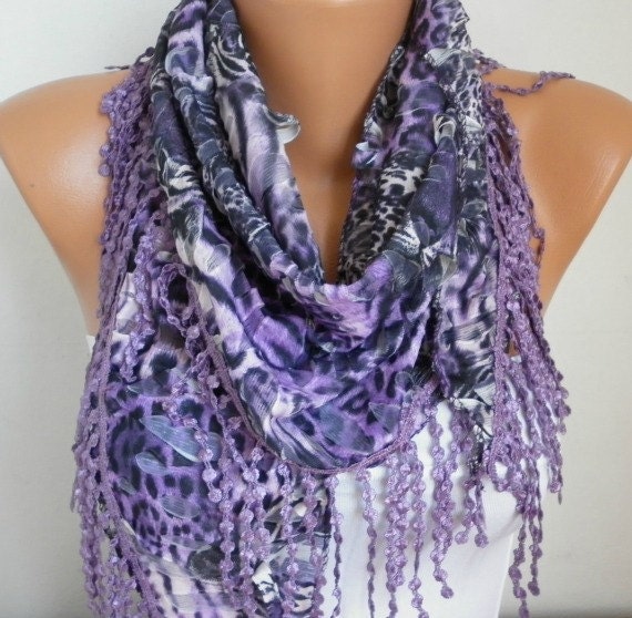 Purple Scarf  Leopard Scarf -  Cowl  Scarf with Lace Edge - fatwoman