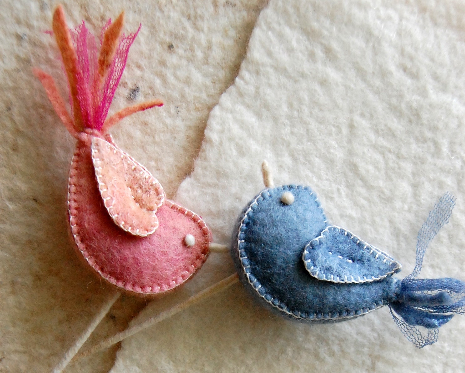 Felt Love Birds Pink Blue Pure Wool and Silk -- Felt Bird Ornaments for Wedding Gift, Cake Topper, Bridal Bouquet