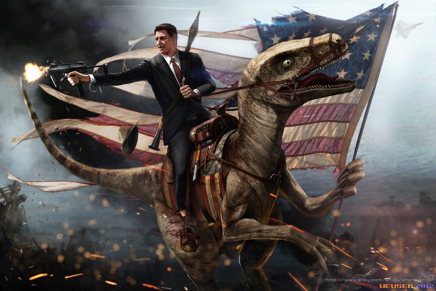 Ronald Reagan Riding a Velociraptor HQ 24x36 EPIC SIZE