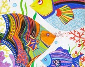 Fish Ocean Sea Creatures ORIGINAL Painting Watercolor Gouache Illustration Mixed Media Nautical Nursery room decor SALE Kids Baby Boy Girl