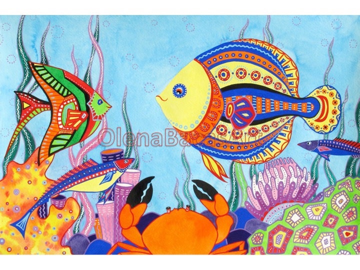 Fish Crab Sea creatures ORIGINAL Painting Kids Wall Art Ocean Yellow Orange Green Red Blue Girl Boy Nautical Illustration Nursery Room Decor