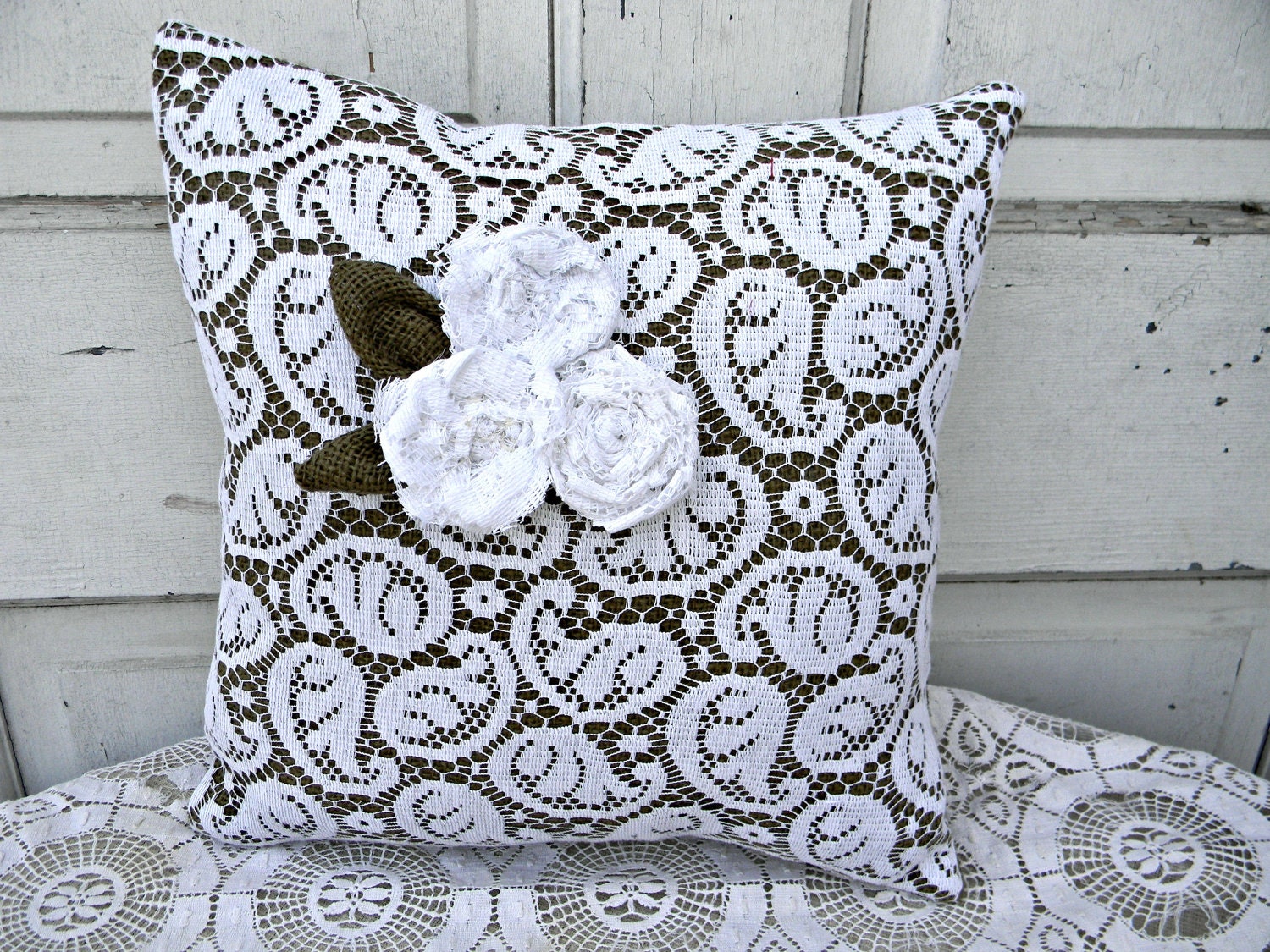 Burlap and Lace Decorative Pillow with Lace Roses