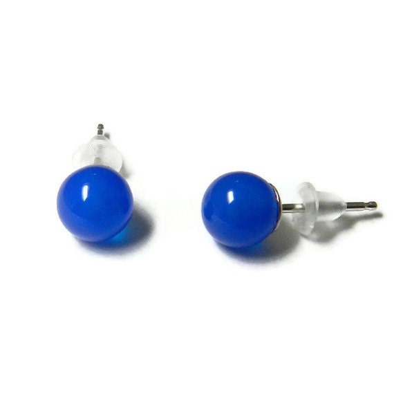 Onyx Post Earrings, Blue Onyx Studs, Sterling Silver