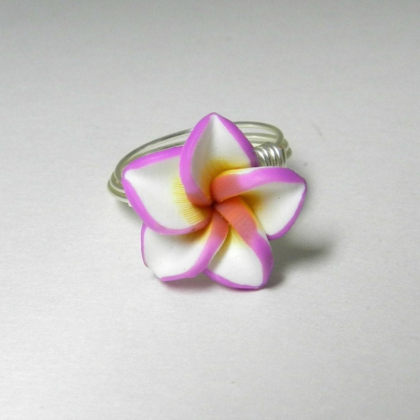 Wire Wrapped Ring, White, Purple Flower, Silver Cocktail Ring, Polymer Clay