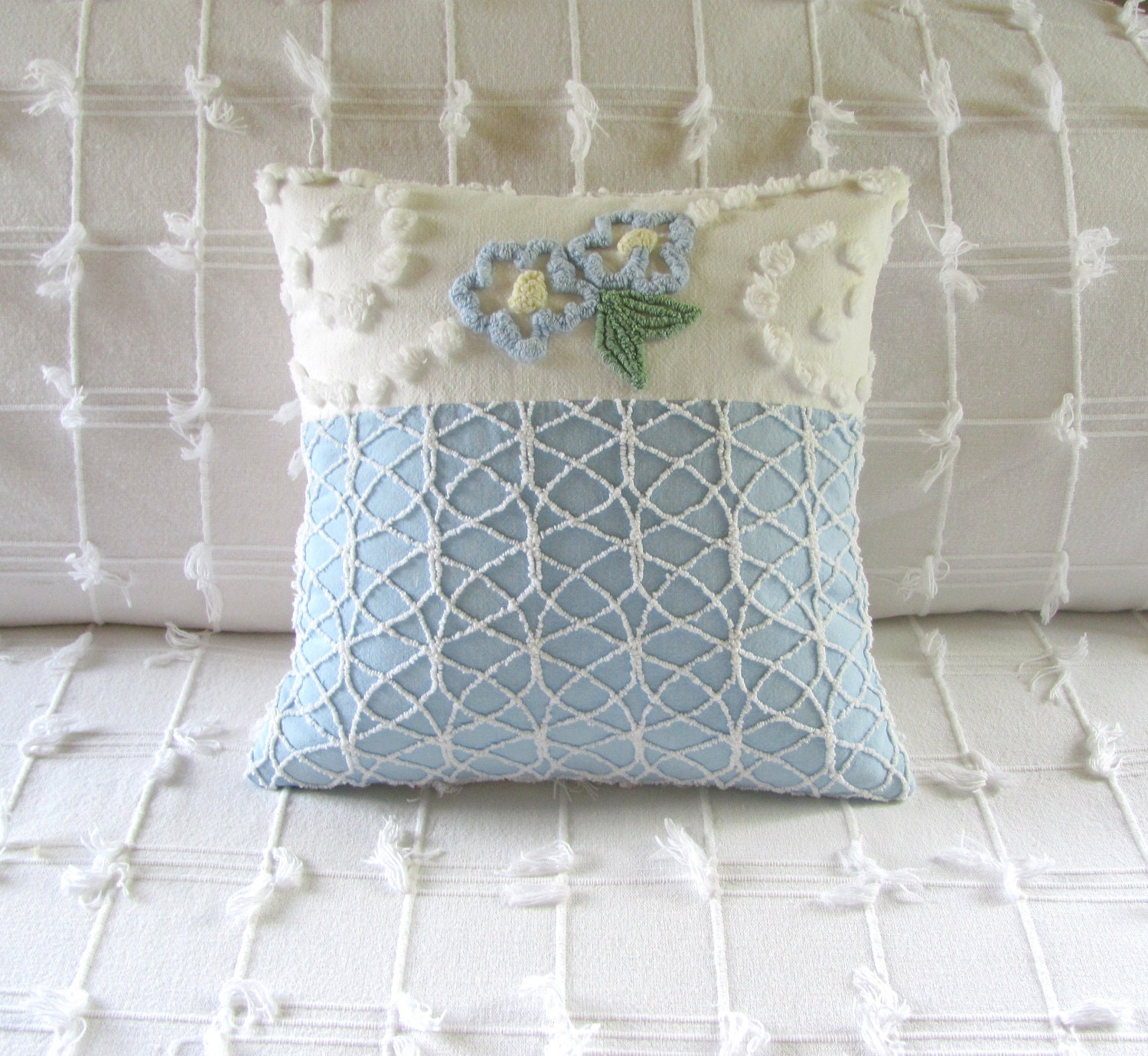 FORGET ME NOT handmade vintage chenille pillow cover 14 X 14 floral cushion cover