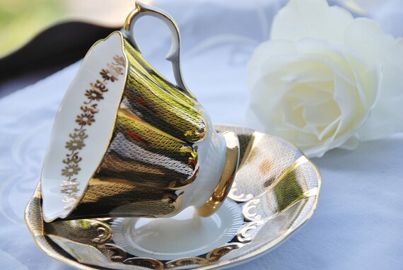 Vintage Queen Anne Tea Cup and Saucer, Glowing Black and Gilt, England