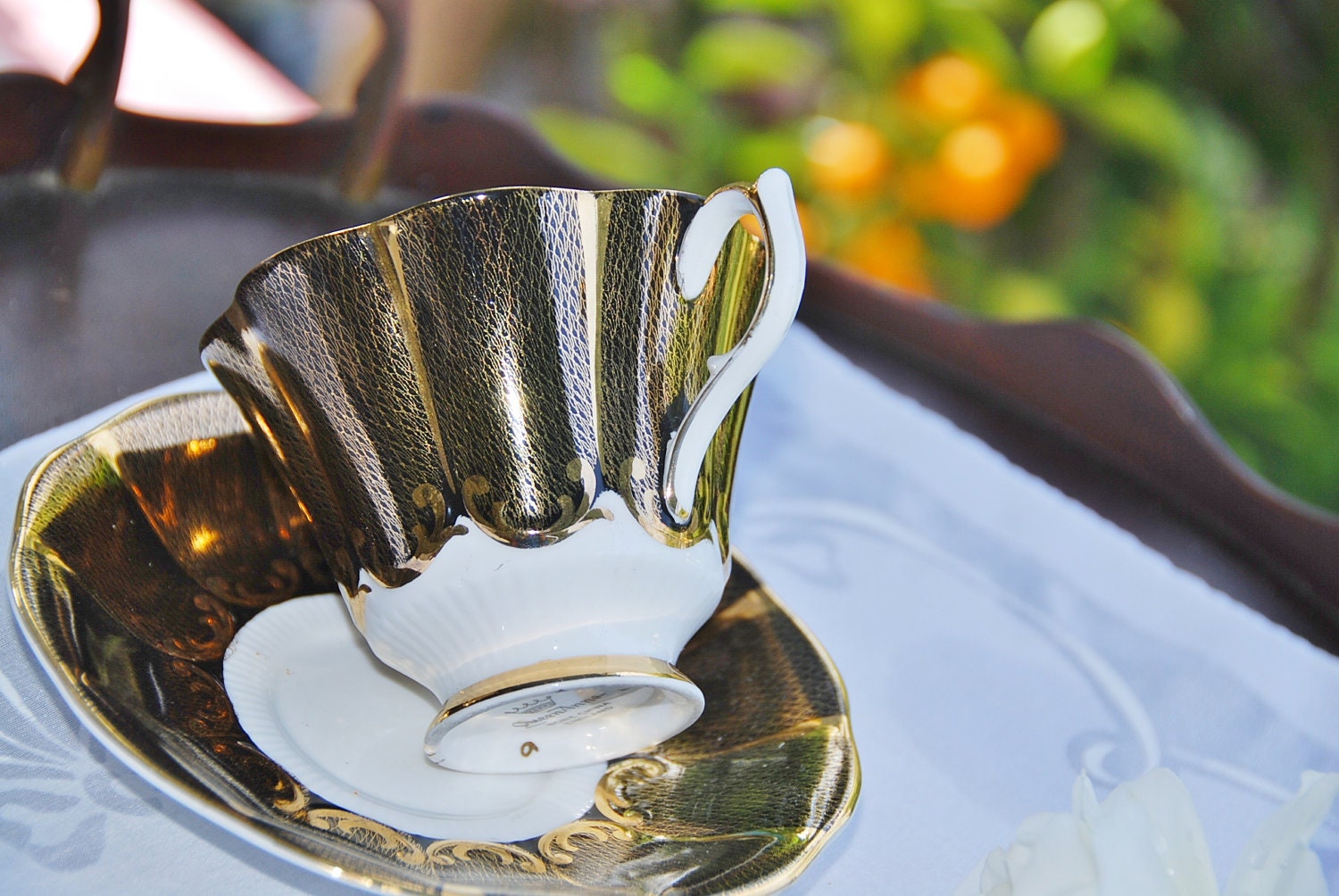 Vintage Queen Anne Tea Cup and Saucer, Glowing Black and Gilt, England