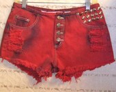 LOW Rise Button Fly Hand Dyed Red Denim Shorts - Studded---  Sz 9/10