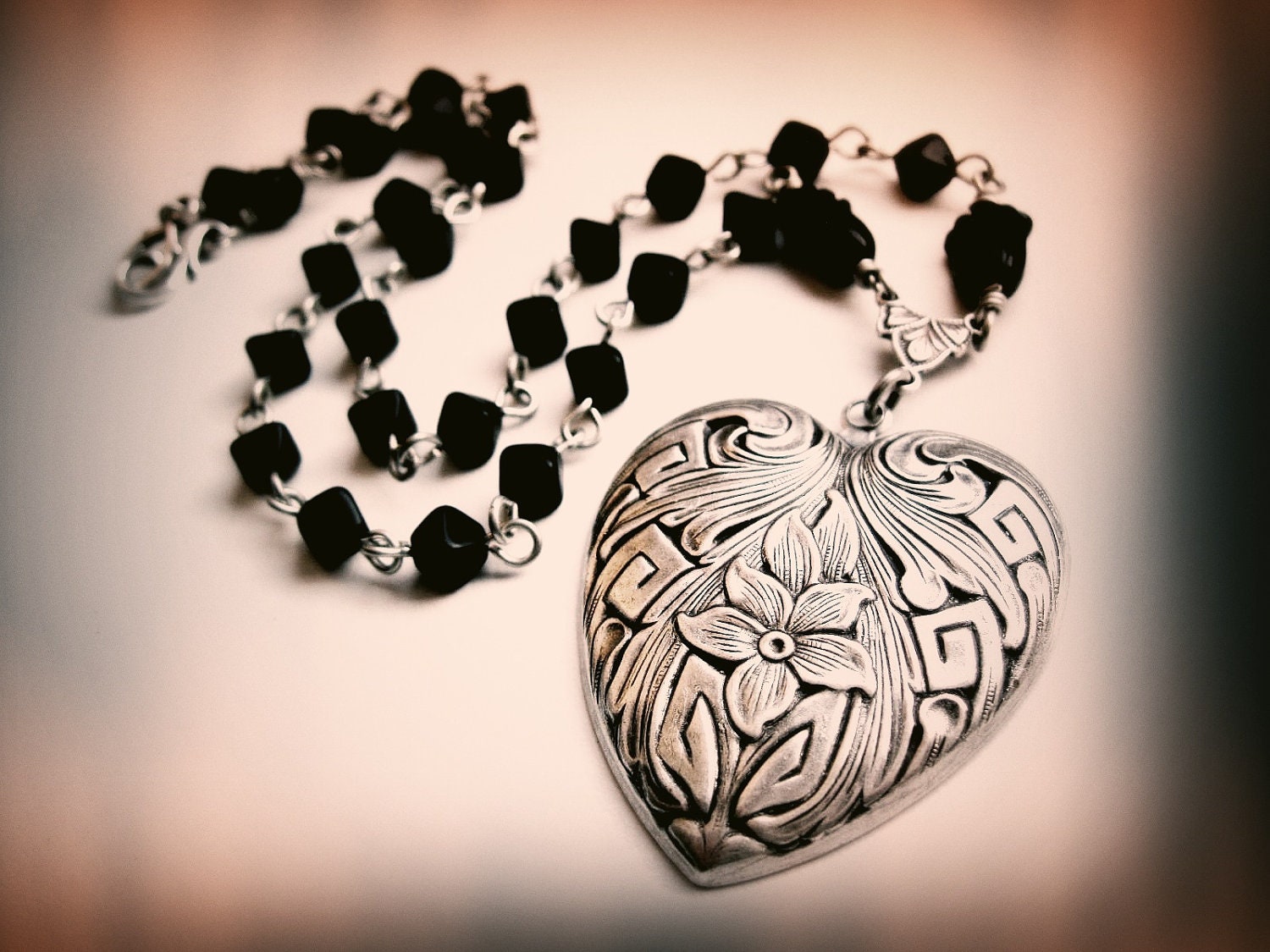 Art Nouveau Valentine Heart Rosary Necklace in Silver and Black. Gothic and Mucha inspired. Feral Valentine