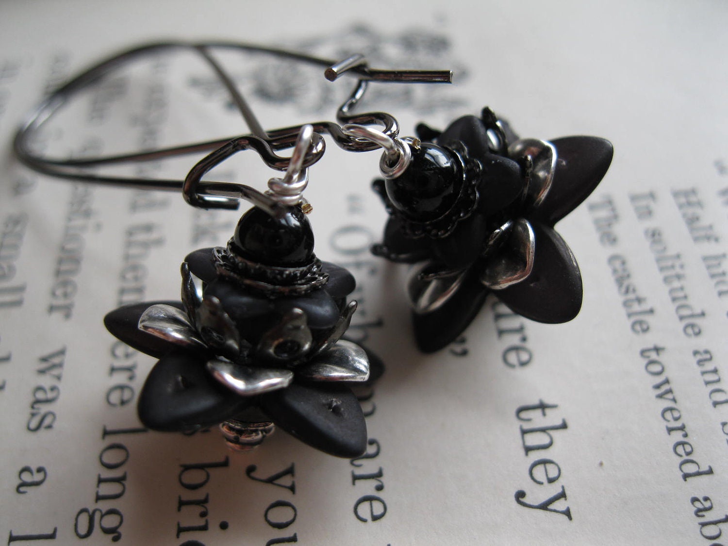 Black Lotus. Gothic Lotus Flower Earrings with Onyx in Victorian Silver and Gunmetal. Wee Fey Padma.