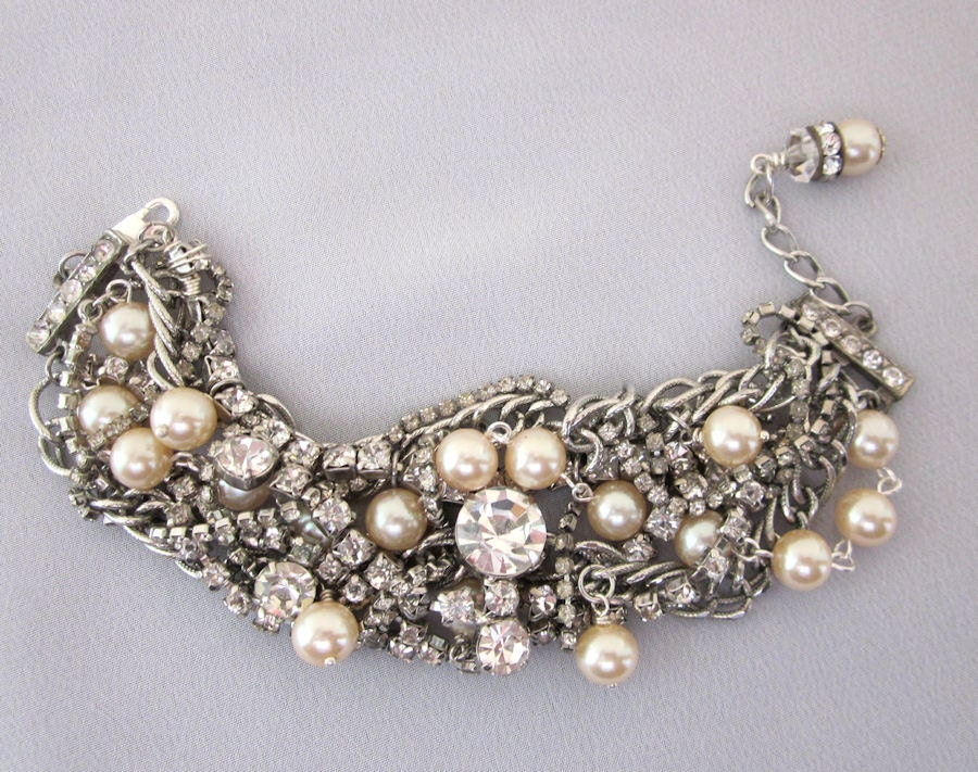 RESERVED CUSTOM ORDER For Katlin - Vintage Repurposed Rhinestone and Pearl Bracelet, One of a Kind Handmade Bridal Bracelet - JryenDesigns