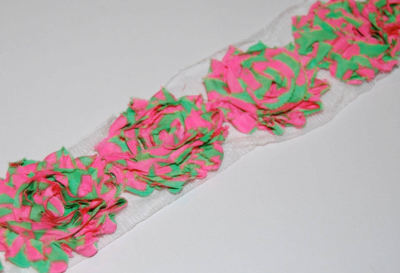 Pink and Green Zebra print  - Shabby  Chic Frayed Vintage Chiffon Rosette Flower Trim   - 1/2 yard length with - approx. 7- 8 flowers