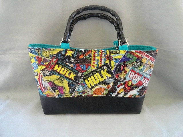 Avengers Collage Vintage Bamboo Handbag with Black VInyl and Teal Interior