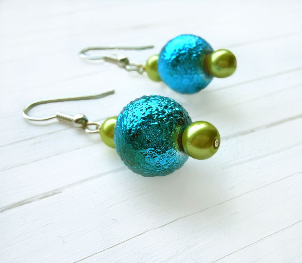 Green and Blue Earrings: Lime Green, Silver, Electric Blue Earrings, Blue Beaded Earrings, Blue and Green Earrings, Green Bead Earrings