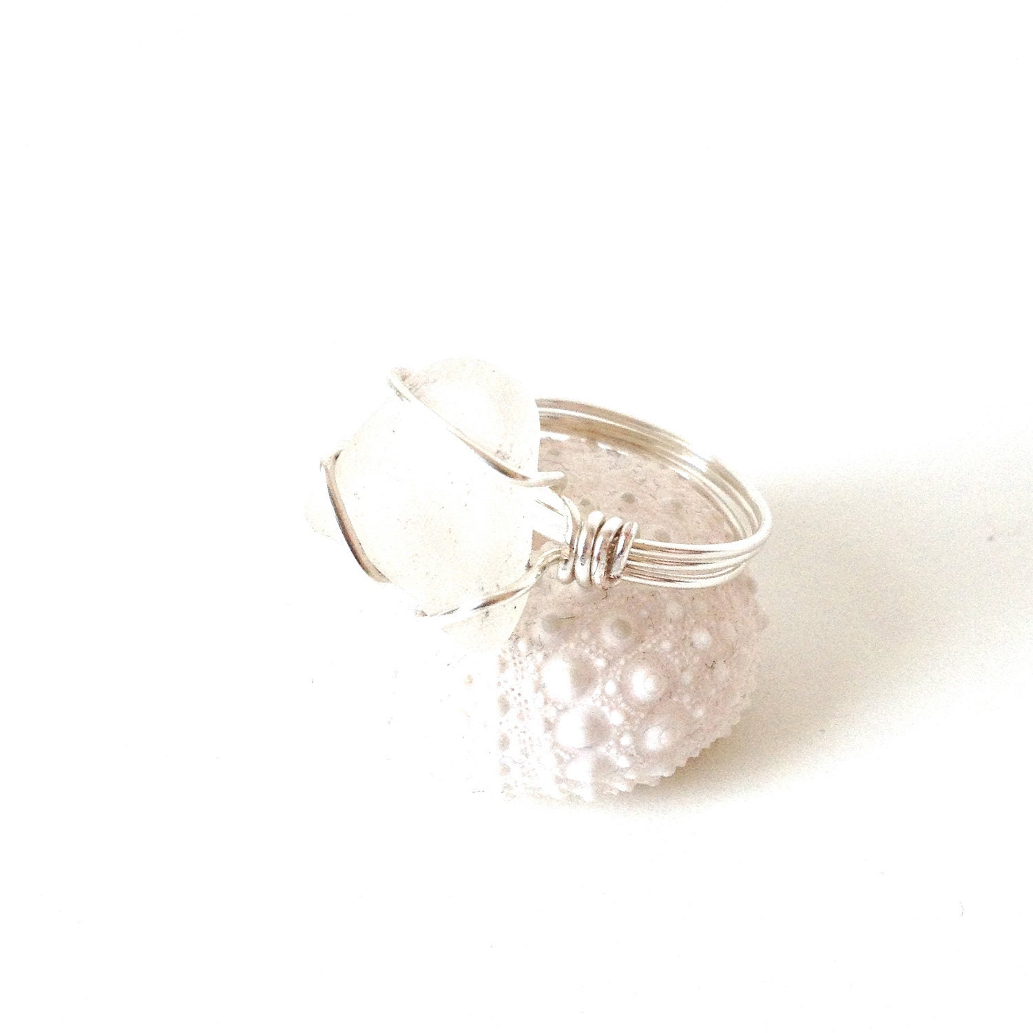 white sea glass wire wrapped ring
