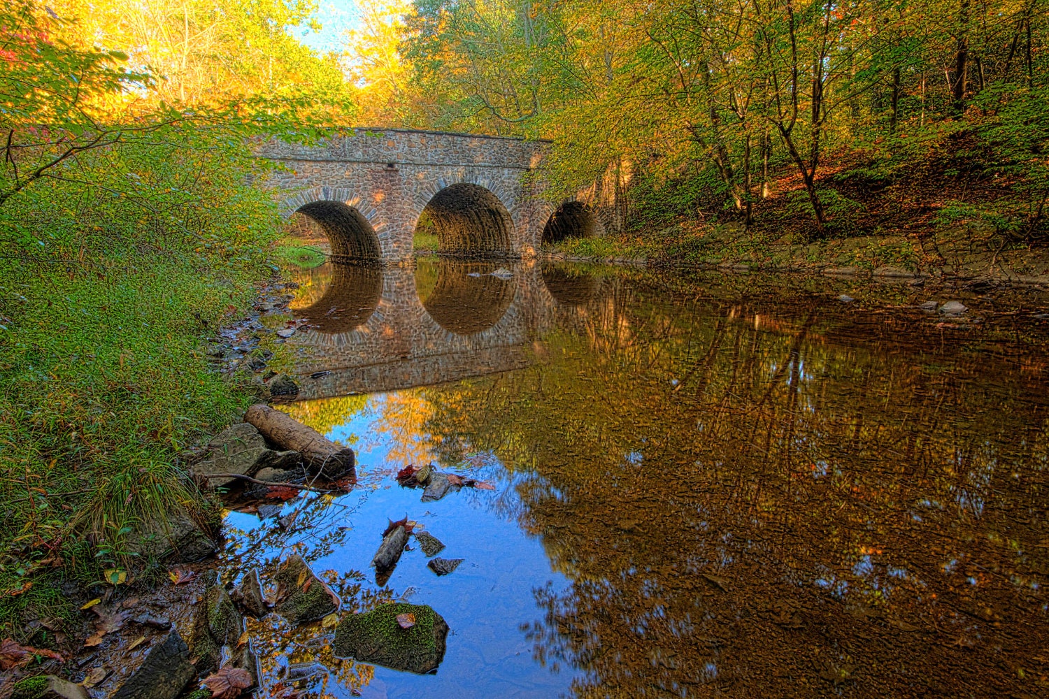 Landscape Photography - Autumn Bridge and Stream - Fall - Reflection - Art Print - HDR Photograph - Country - Home Decor - 6X9 (Other Sizes