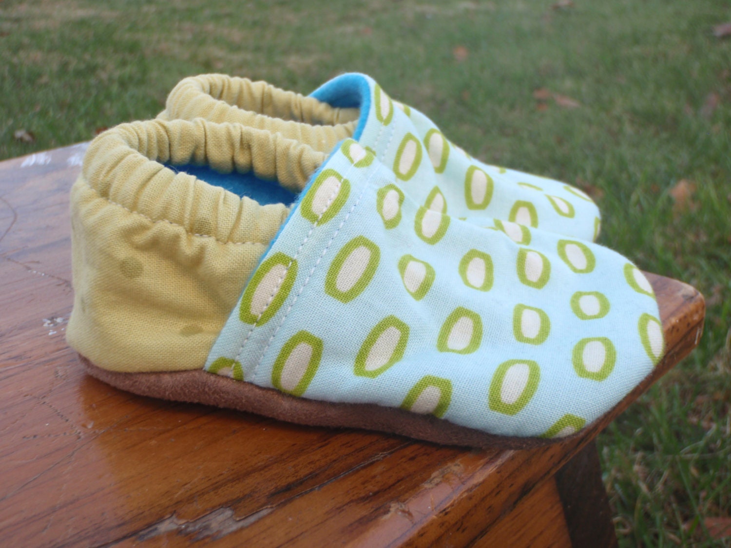 Baby Shoes for Boys - Light Blue and Multi-Green Fabrics - Modern Geometric and Polka-Dot Prints - Custom Sizes 0-24 months