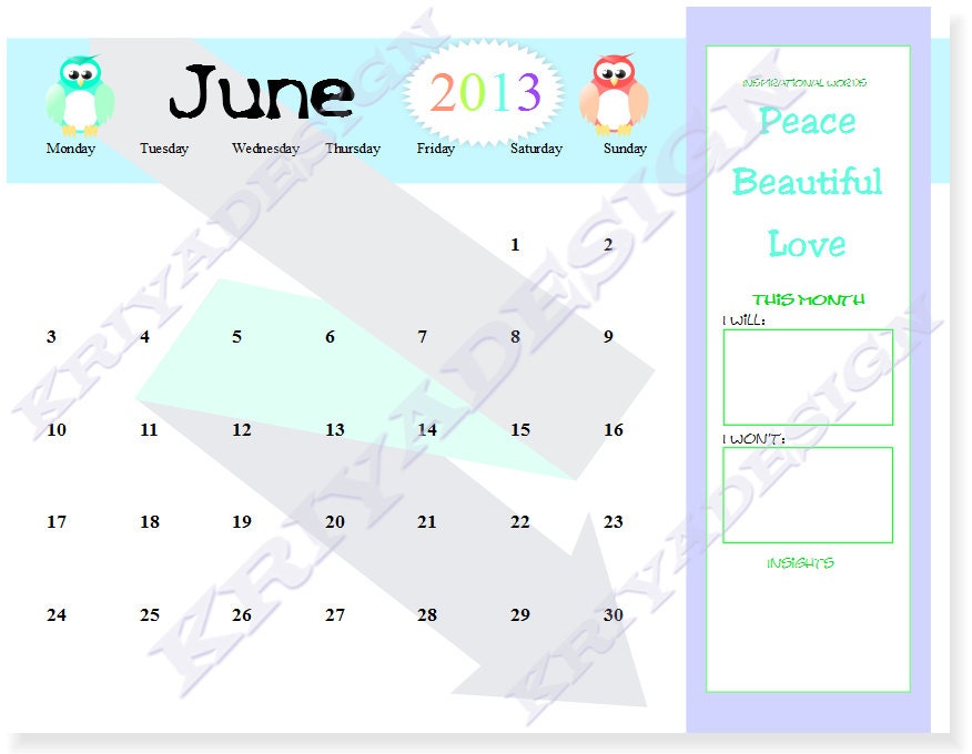 pdf calendar, june calendar 2013, pdf printable calendar, INSTANT digital download, owl, pdf file, fun printable
