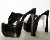 Platform Heels Shiny Black 1990s Retro Size 8