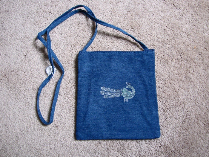 Blue denim cotton handpainted block printed paisley hip bag purse long strap