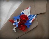Wedding Groomsmen's Paper Flower Boutonniere - Red White and Blue Air Mail