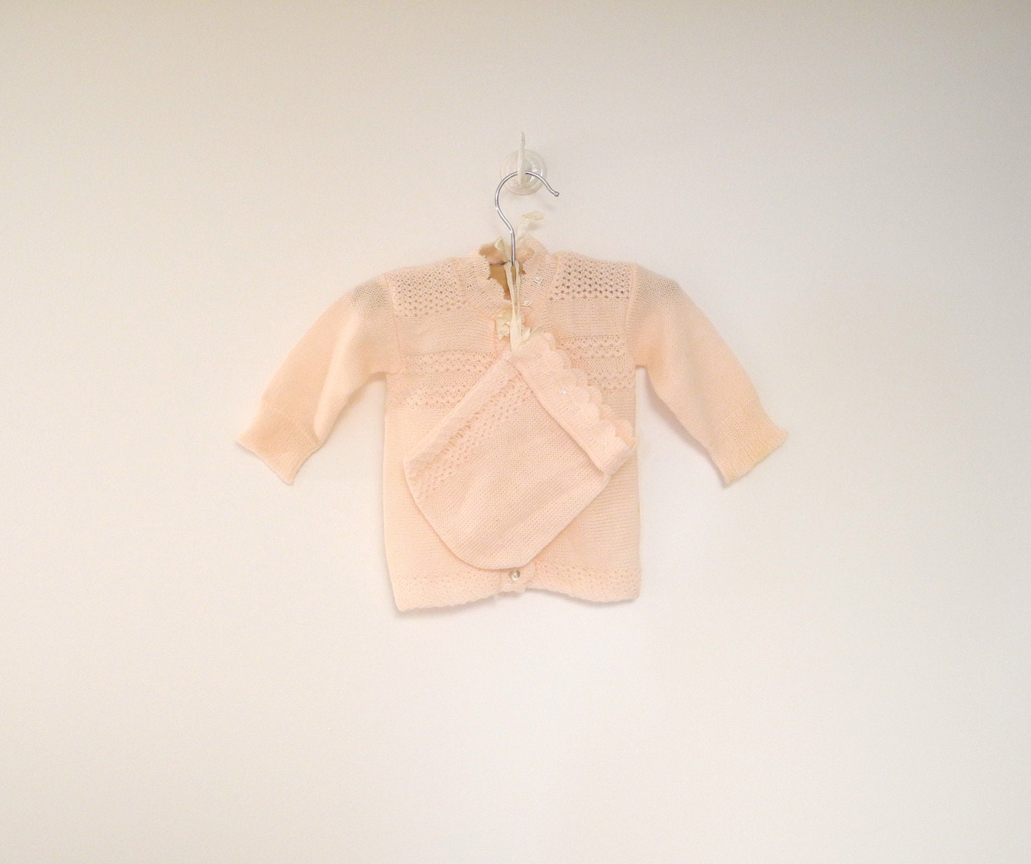 1950's Soft Pink Sweater, Bonnet and Socks Set